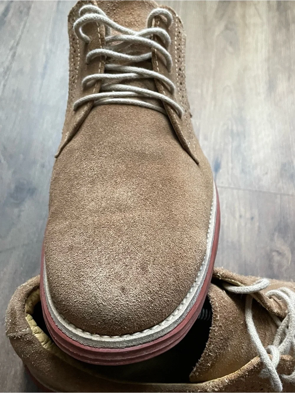 Martin Dingman Brown Suede Derby Shoes with Red Accent Sole